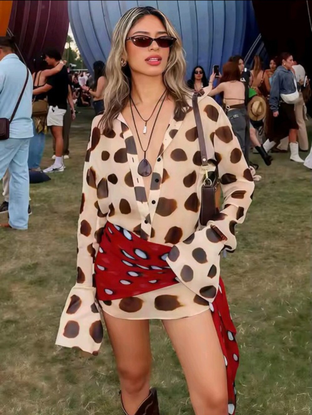 Weird Puss Silk Scarf Strap Patchwork Dress Women Sexy Single-Breasted Full